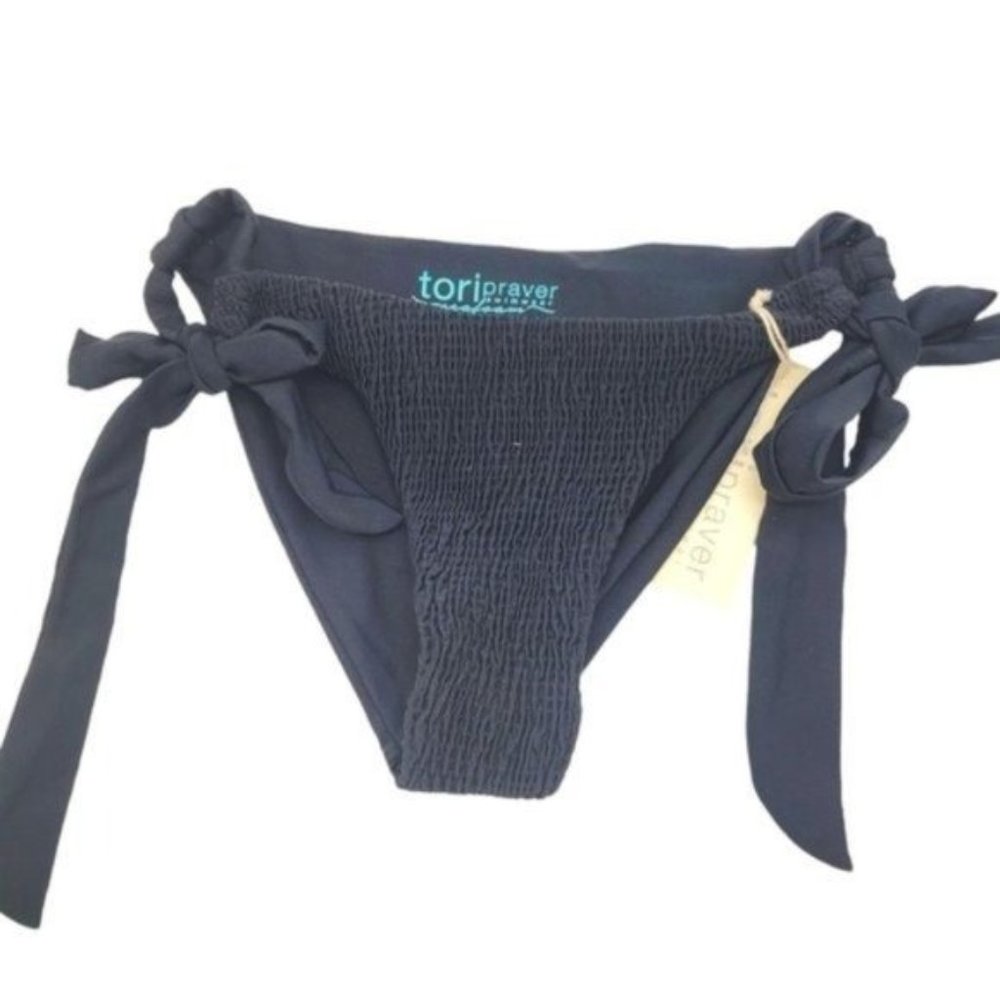 Tori Praver seafoam black bikini adjustable waist swim bottoms Size Small